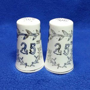 25th Silver Anniversary Salt & Pepper Shakers White & Silver Pre-Owned No Box